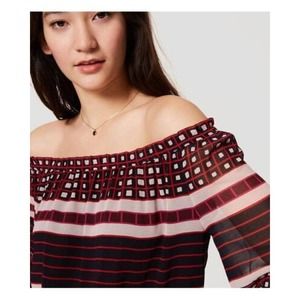NWT Ann Taylor LOFT Square Stripe off the Shoulder Blouse top XSP Navy red